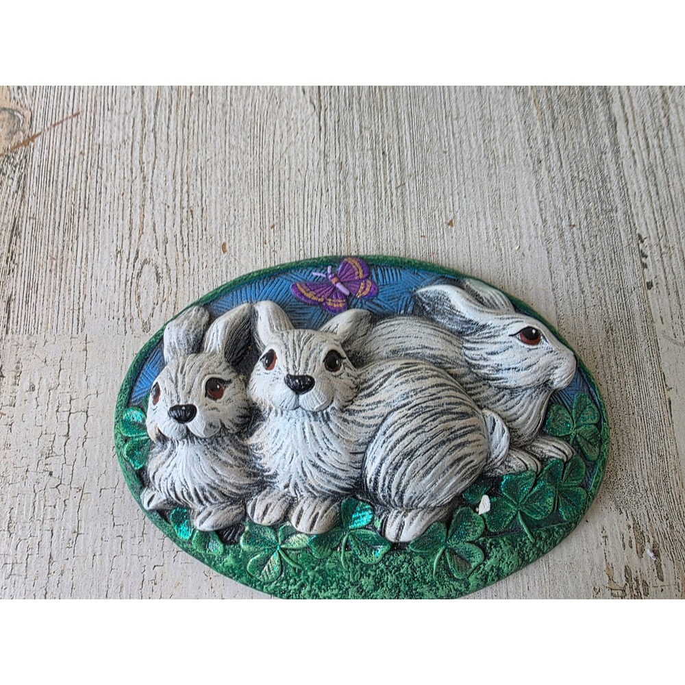 Vintage ceramic Easter bunny rabbit plaque sign hanging wall‎ glitter spring